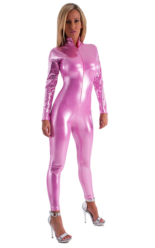 Front Zipper Catsuit-Bodysuit in Metallic Mystique Bubblegum Pink by Skinz